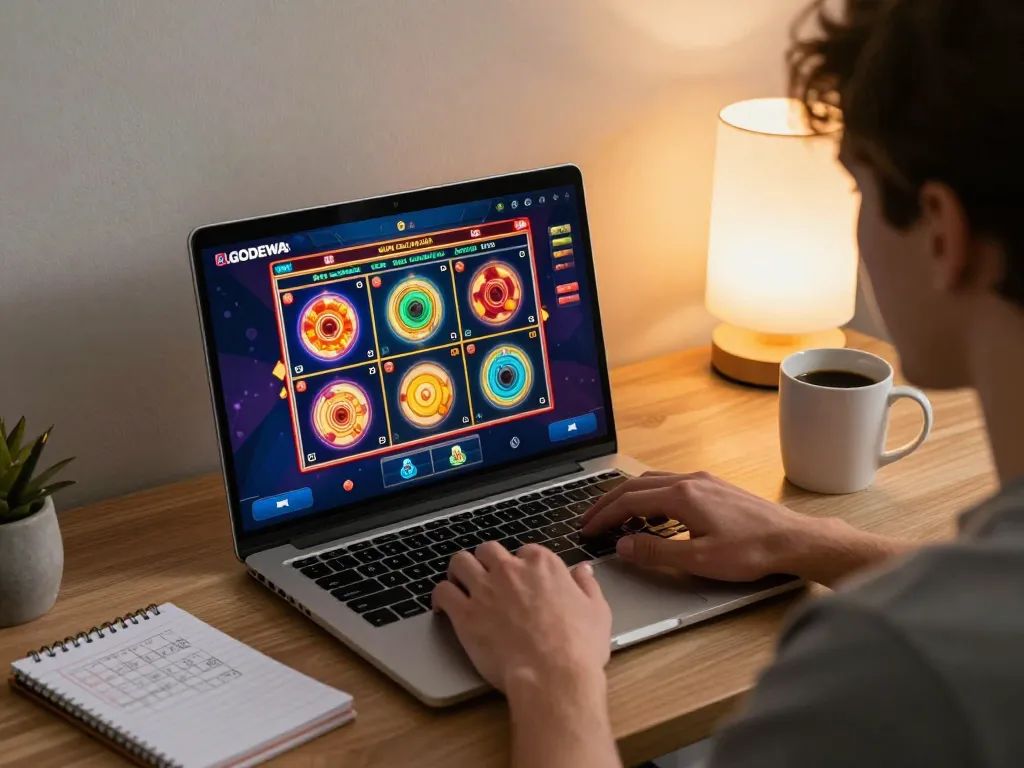 Engaging with LGODEWA online slots on a laptop, showcasing vibrant gameplay and strategic setup.