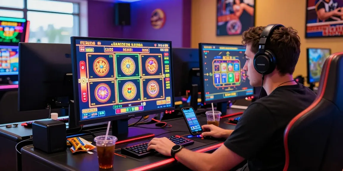 Engaged player enjoying a slot gacor game in a vibrant gaming room with immersive decor.