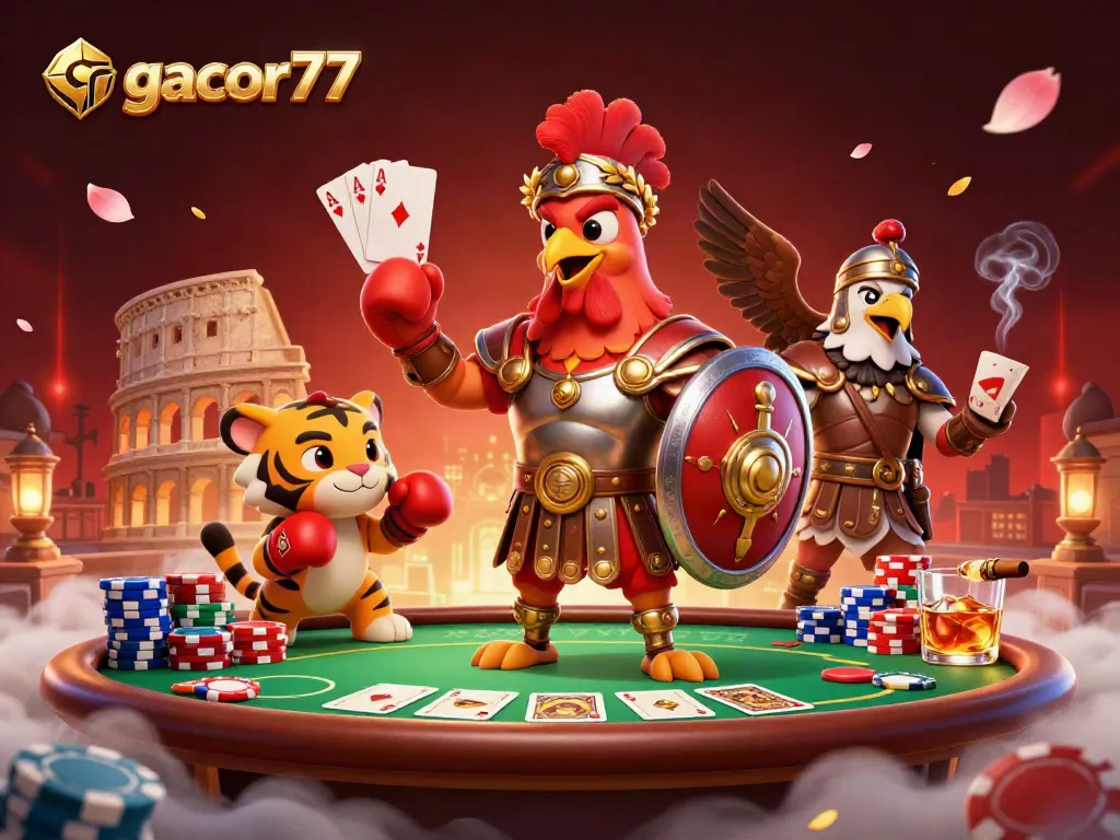 Gacor77 menghadirkan ilustrasi 3D menarik dari ayam jantan gladiator di arena kasino yang penuh warna.