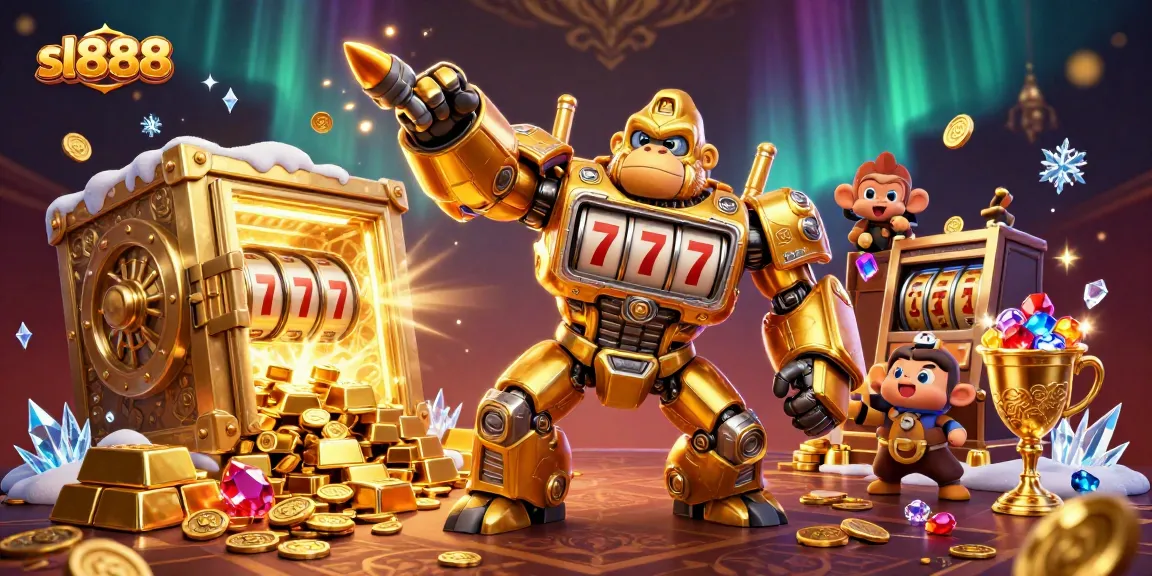 Experience fortune at sl888 with a golden gorilla mech and dazzling treasure in a lively casino atmosphere.