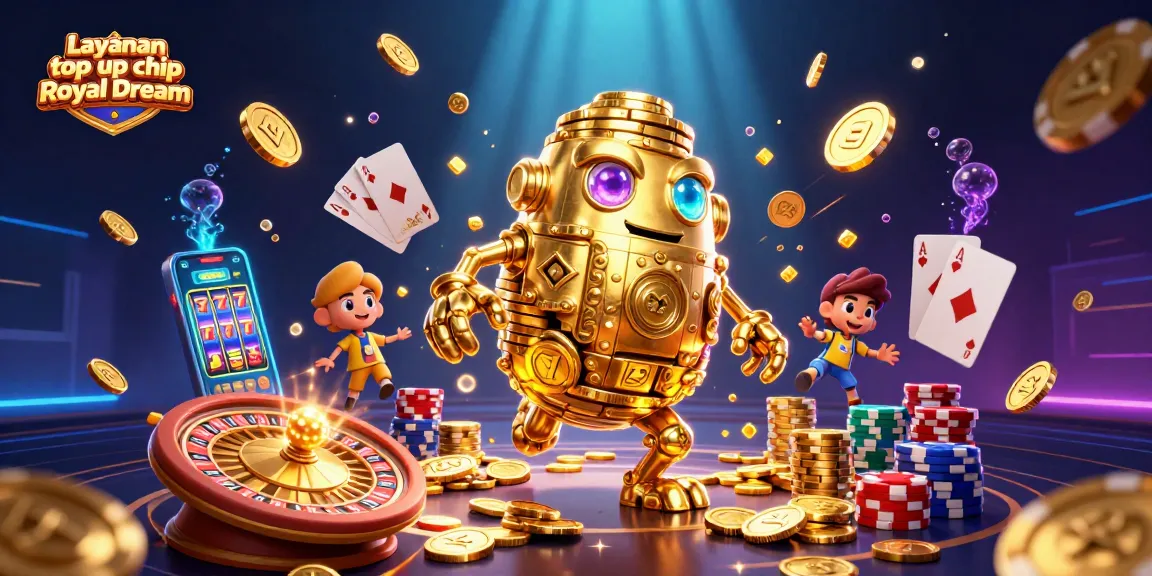Layanan top up chip Royal Dream showcases a vibrant 3D casino scene with golden golems and dynamic gaming elements.