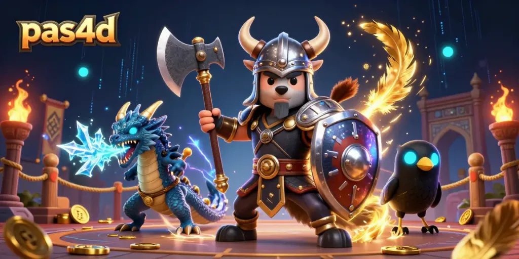 Pas4d menyajikan aksi kasino dengan karakter Viking, naga, dan burung gagak dalam ilustrasi dinamis.