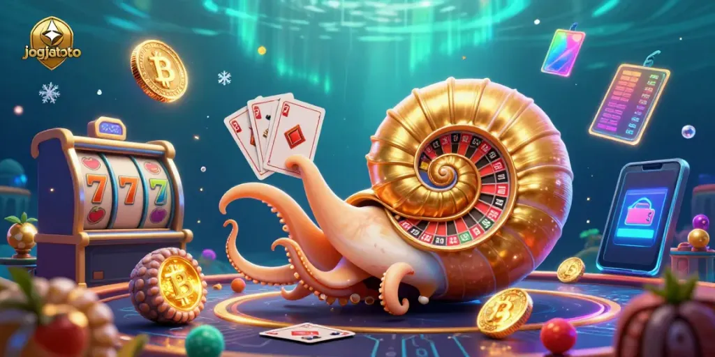 Engage in thrilling gameplay at jogjatoto with a vibrant casino scene featuring a nautilus roulette wheel and glowing crypto elements.