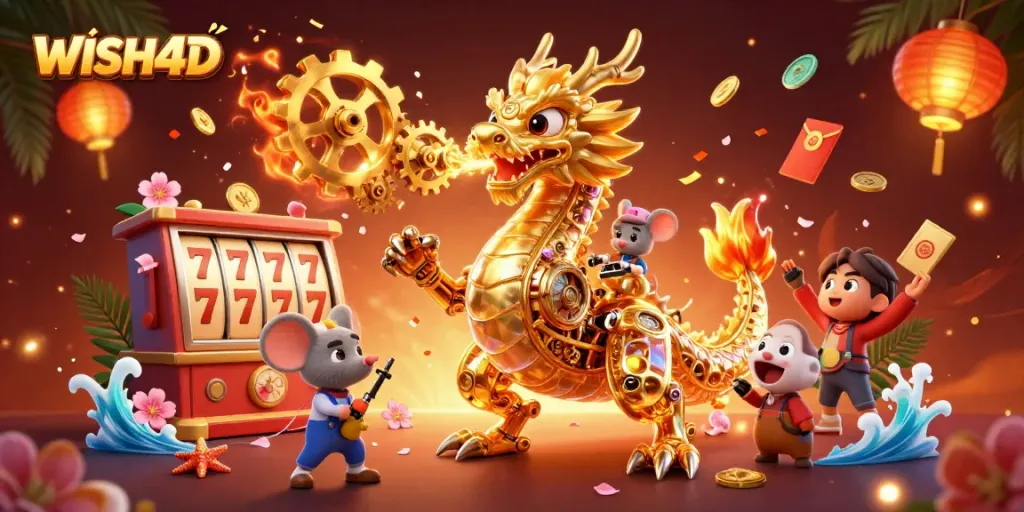 WISH4D showcases a vibrant casino scene with a golden dragon amidst spinning slot reels and festive elements