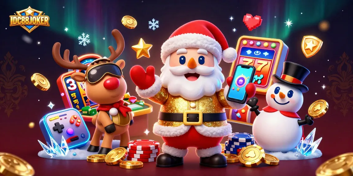 Engage with the thrilling world of IDC88JOKER online gaming featuring festive characters and slot machines.