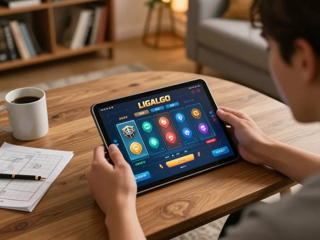 LIGALGO platform showcasing interactive online slots gameplay on a tablet in a cozy home setting.