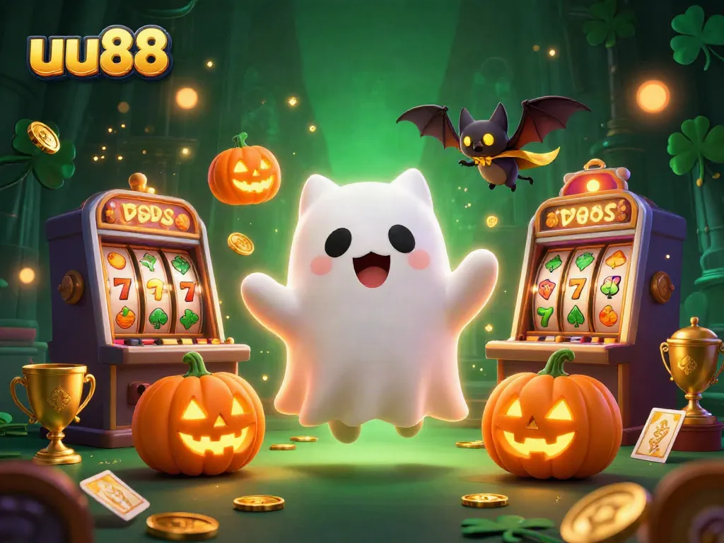 uu88 captivating casino scene with a friendly ghost cat and spooky elements floating through a haunted mansion.