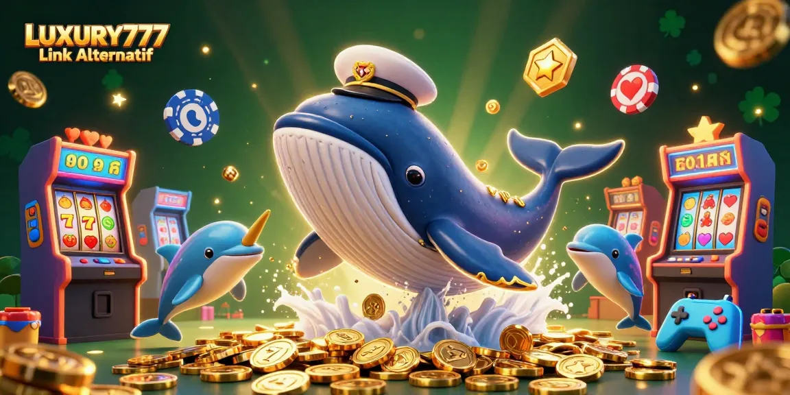 Menggandakan kesenangan dengan LUXURY777 Link Alternatif, ikan paus 3D yang melompat dikelilingi koin saat bermain slot.