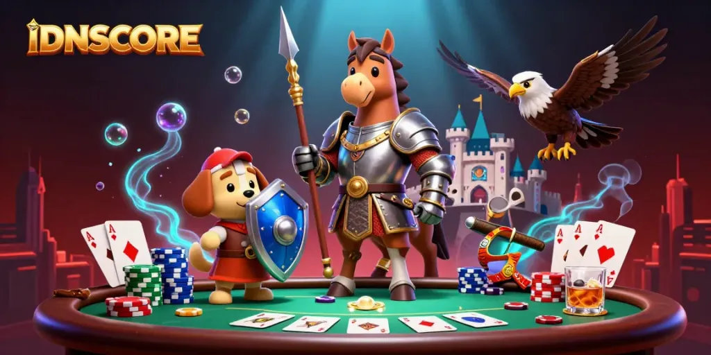 Experience the excitement of IDNSCORE with vibrant poker-themed characters and dynamic elements.