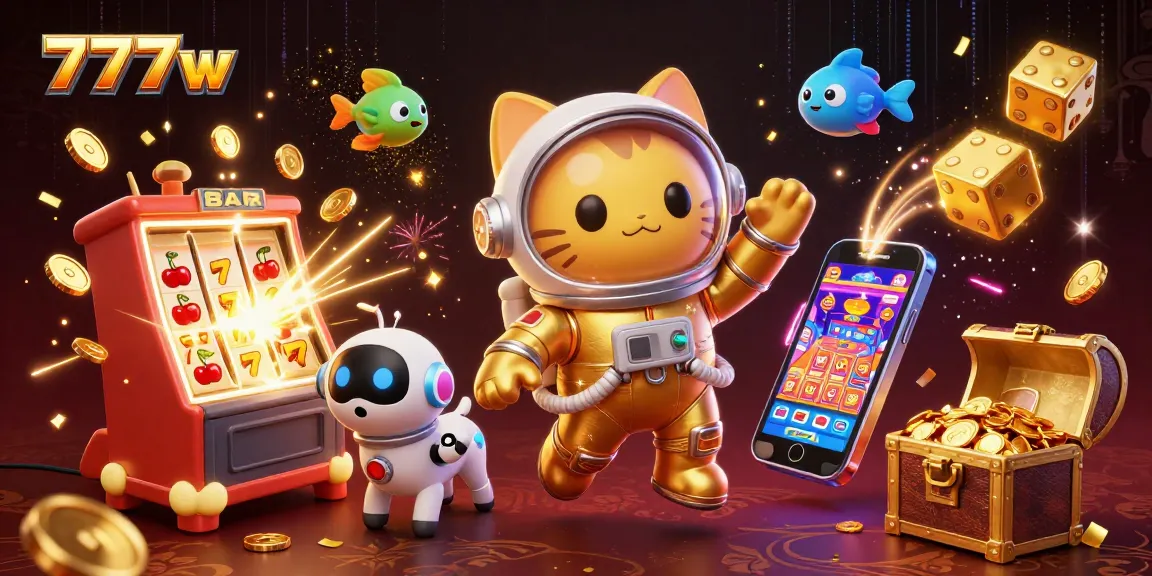Experience the thrilling world of 7777w with vibrant slot machines and playful characters!
