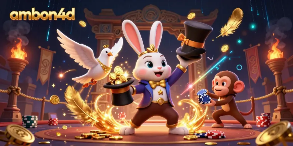 Engage with ambon4d's captivating online casino scene featuring a magician rabbit, dove, and monkey amidst dynamic gold and casino symbols.