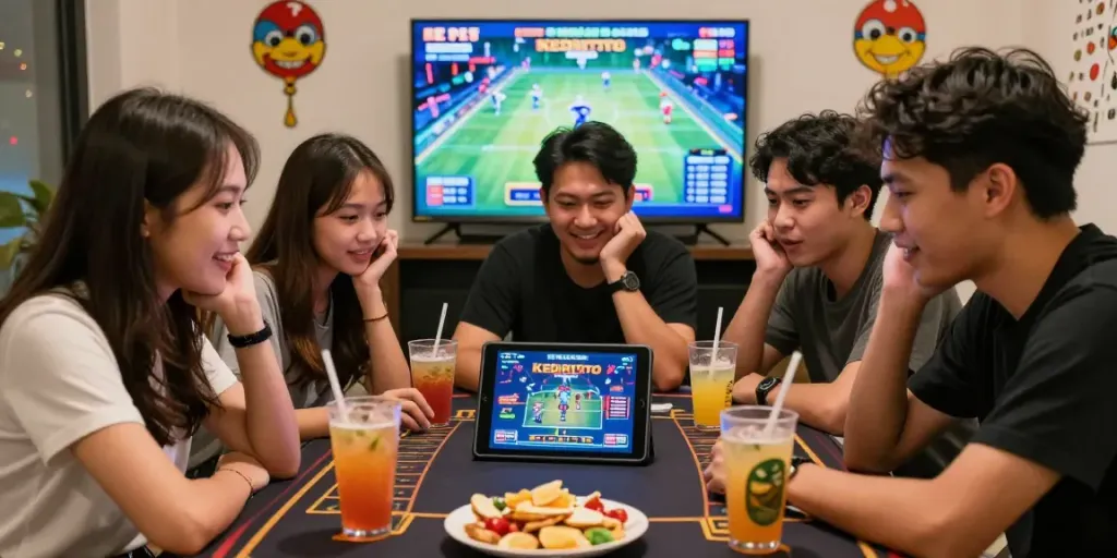Kelompok teman bermain Kediritoto online dengan antusias, suasana penuh warna dan kebersamaan.