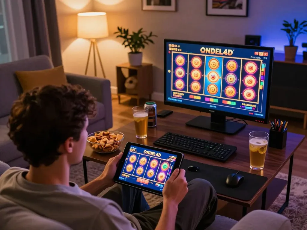 Pemain menikmati permainan slot ONDEL4D di tablet dalam suasana rumah yang nyaman dengan camilan dan minuman.