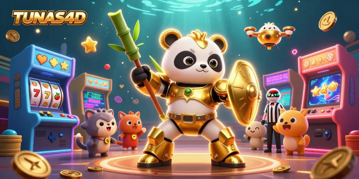 TUNAS4D reveals a vibrant casino scene with a golden panda in a mech-suit amidst dynamic slot elements.