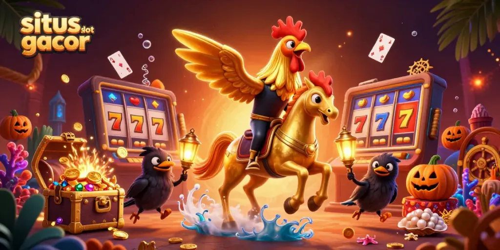 Menangkan permainan di situs slot gacor dengan ilustrasi 3D berwarna cerah dan karakter unik.