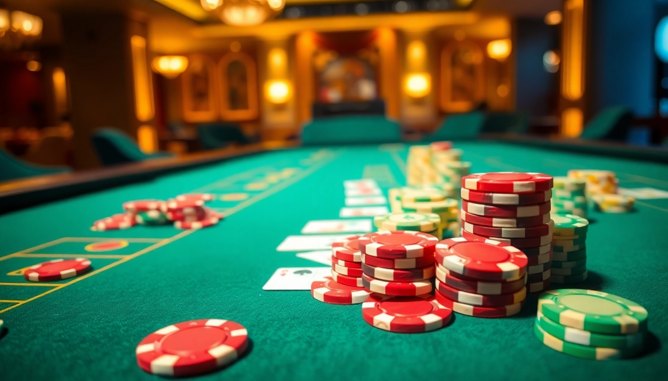 Arushoki menampilkan meja judi kasino dengan chip dan kartu berwarna-warni, menciptakan suasana yang mengundang.