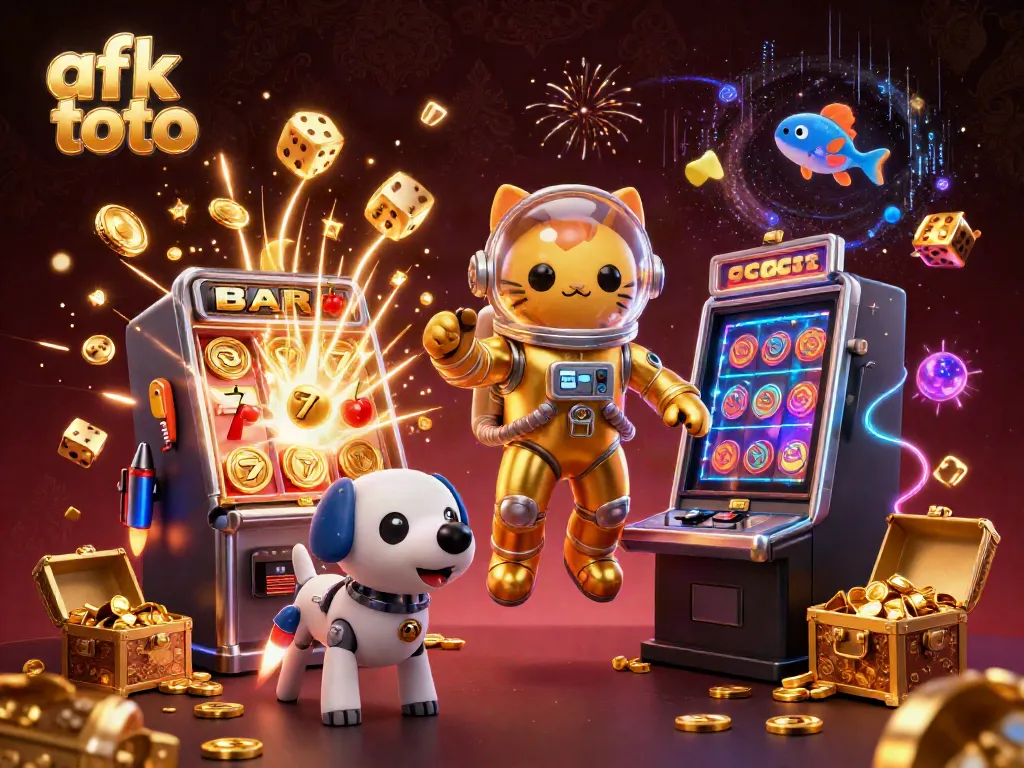 Mesin slot jackpot dengan afk toto dan karakter lucu di latar belakang yang megah