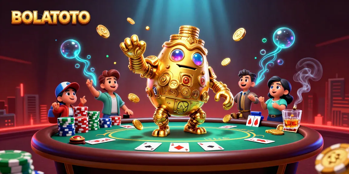 BOLATOTO menampilkan golem emas dengan koin menari di sekitar meja poker berwarna hijau, suasana kasino yang menggoda