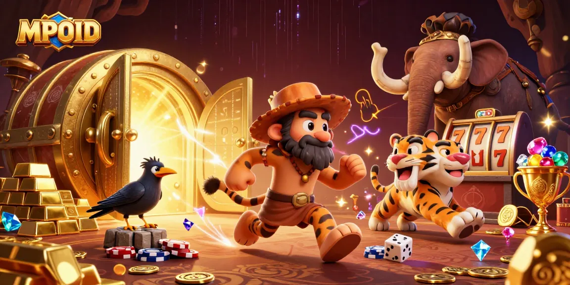 MPOID brings excitement with an interactive prehistoric casino featuring characters and gold elements.