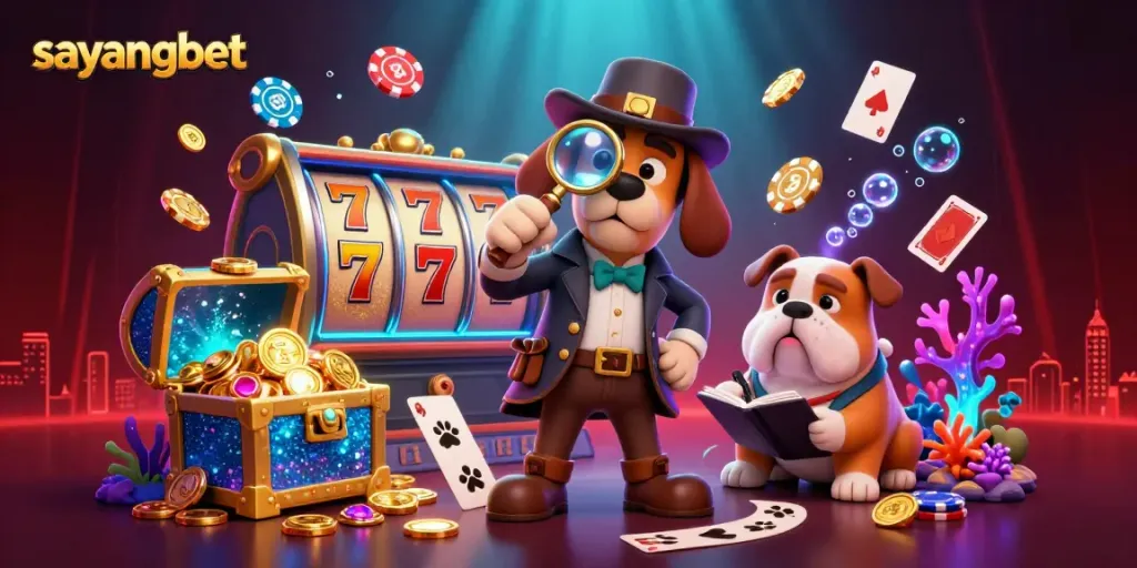 Engage in fast-paced casino action with sayangbet, uncovering poker chips and gold treasures in a vibrant 3D scene.