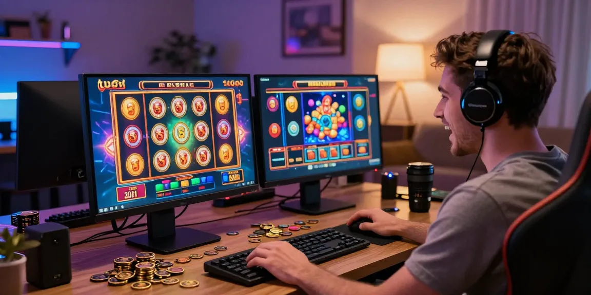 Player enjoying engaging slot games on a modern desktop, showcasing excitement in online casino.
