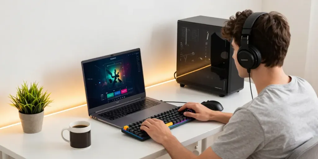 Gamer menikmati platform harum 4d di ruang kerja nyaman dengan peralatan modern.