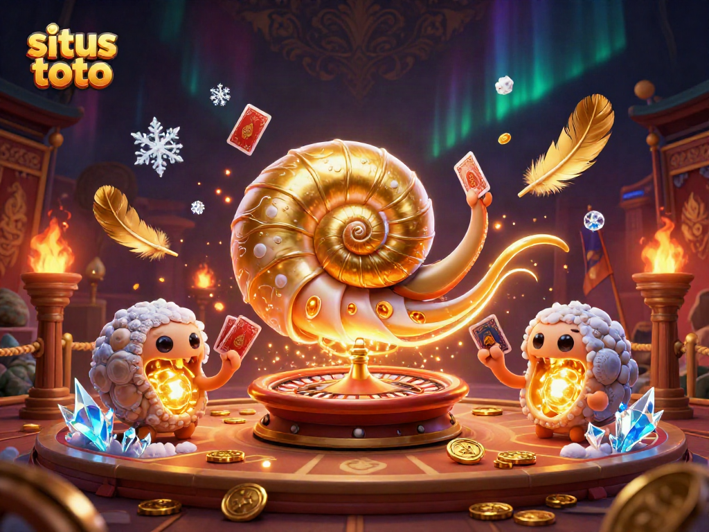 Permainan situs toto dengan nautilus kuno dan koin emas berkilau di arena perjudian.