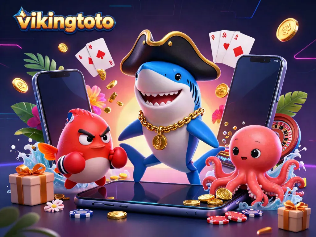 Engage with vikingtoto's fun scene featuring a pirate shark, pufferfish, and octopus immersed in casino games.