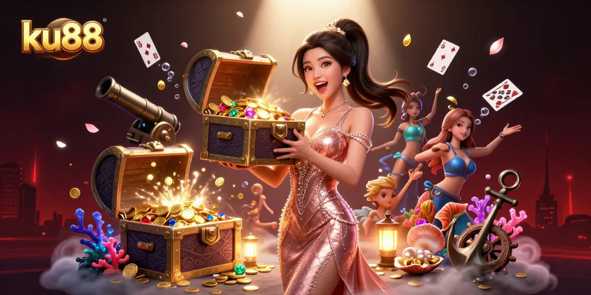 Experience the thrill of ku88 casino with an Asian woman revealing treasures from a chest filled with gold.