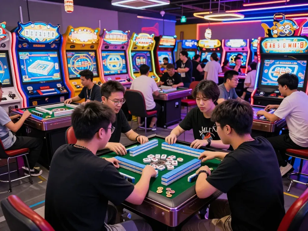 Pemandangan permainan Peluang Kemenangan Mahjong 3 dengan pemain beragam di sebuah arcade, suasana hidup yang menunjukkan kegembiraan.