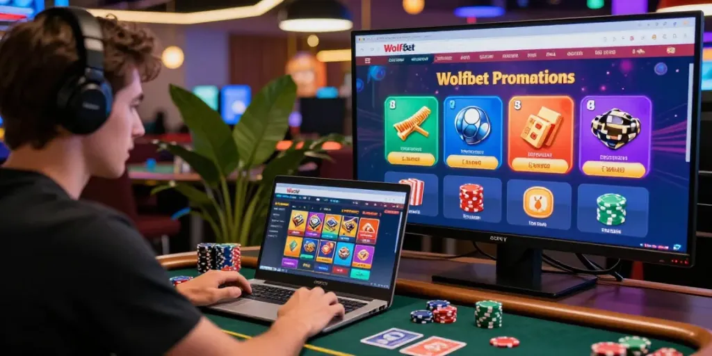 Engaging user playing games on the Wolfbet Promotions Page with vibrant graphics and bonuses.