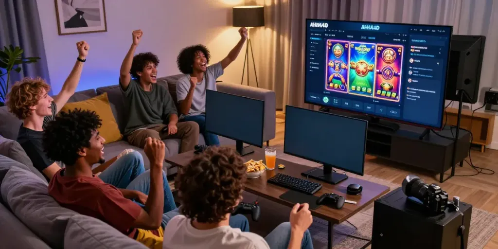 Friends enjoying online gaming through AHHA4D slot 4D platform in a vibrant living room.