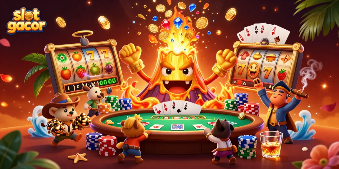 Play slot gacor at a vibrant 3D casino scene featuring golden volcano erupting with treasure.