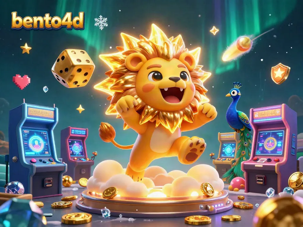 Experience bento4d's vibrant casino world with a roaring sun lion, golden dice, and dynamic gaming elements.