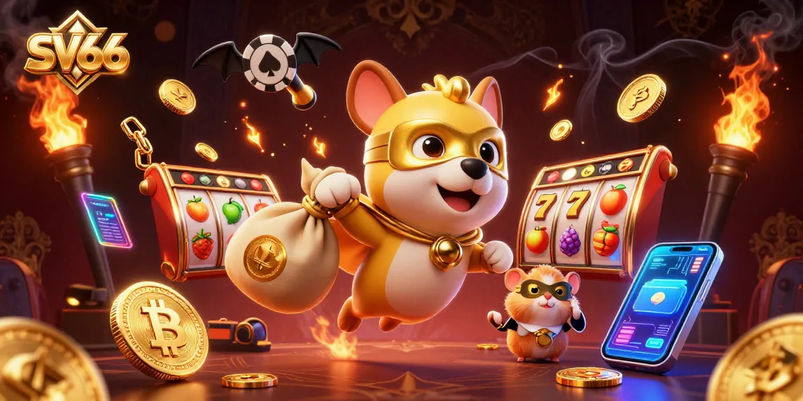 Experience thrilling gameplay at SV66 with a superhero dog and hamster amidst dazzling casino elements.