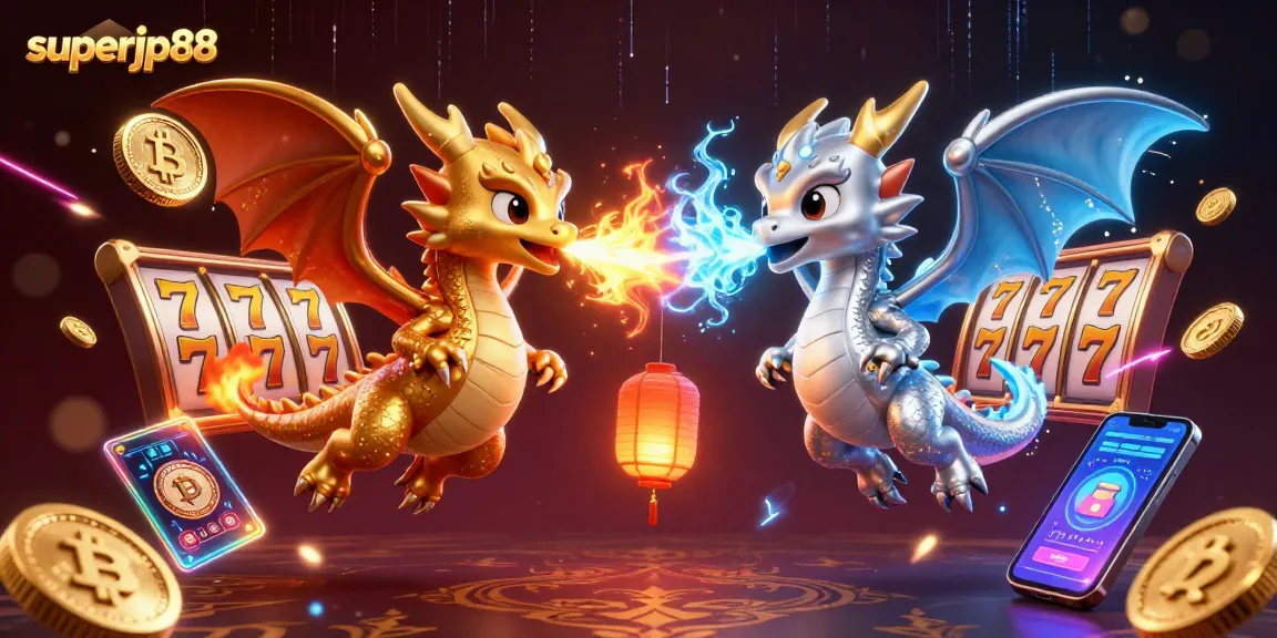 Experience thrilling gameplay with superjp88 as golden and silver dragons entwine amid a lively casino scene.