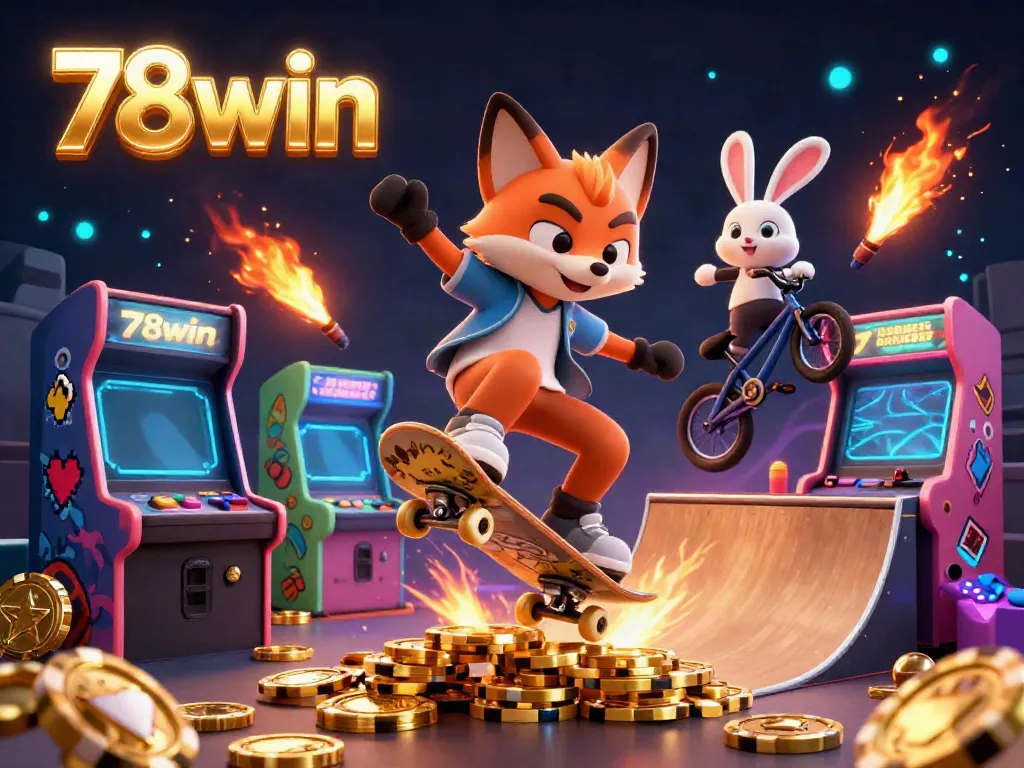 Experience the thrill of 78win with an epic skateboarding fox and BMX rabbit in a vibrant casino scene.