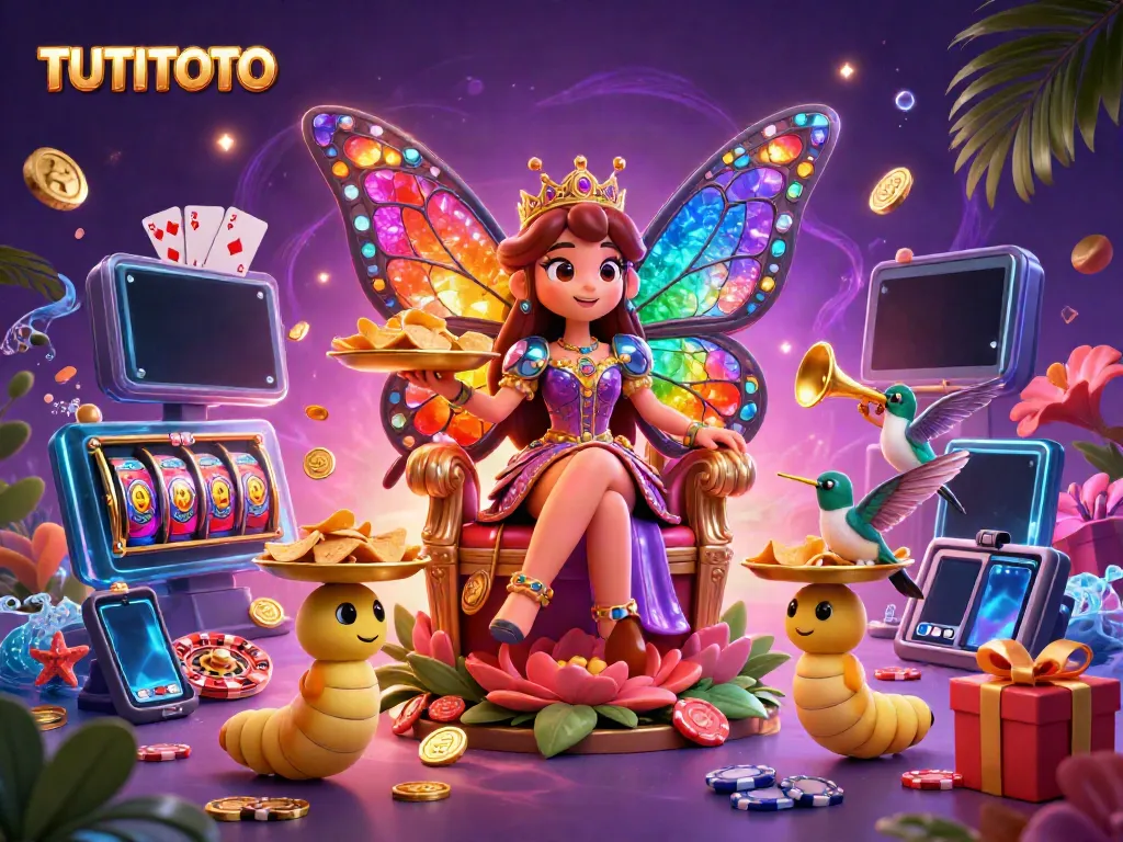 Experience excitement at TUTITOTO with a vibrant 3D illustration of a butterfly queen amidst colorful gaming elements.
