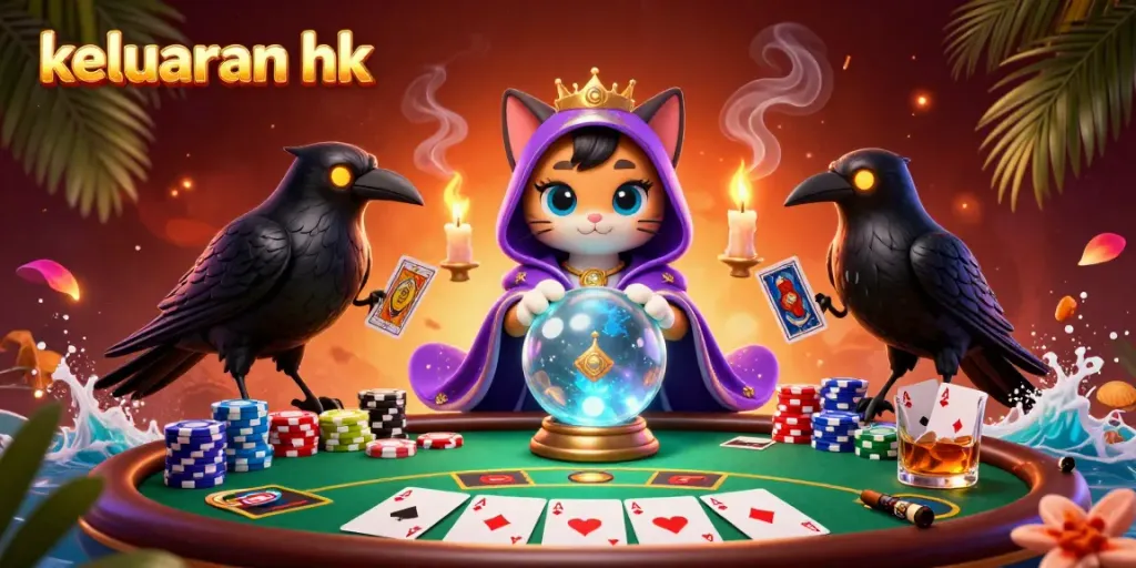 Melihat keluaran hk dengan cat peramal yang memegang bola kristal dan burung gagak yang bermain kartu.