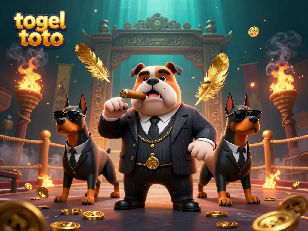 Menggambarkan suasana togel toto dengan karakter mafia bulldog dan dua bodyguard Doberman, dikelilingi koin emas dan efek asap.