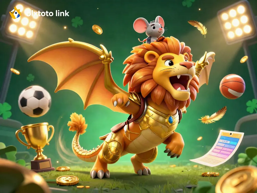 Engage with the thrilling olxtoto link experience through our dynamic gaming illustration featuring a roaring chimera and sports elements.