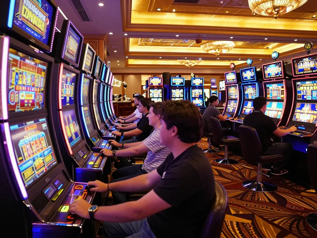 Pemain menikmati slot gacor hari ini di area mesin slot kasino yang berwarna-warni, suasana yang hidup dan potensi kemenangan yang mendebarkan.