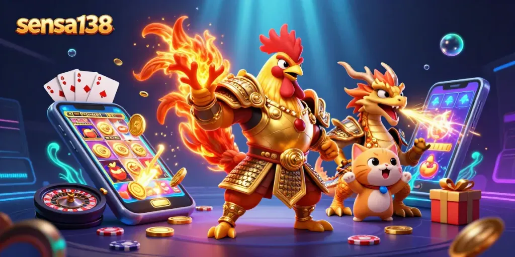 Experience thrilling gameplay with sensa138 as a rooster warrior and dragon hatchling bring casino excitement.