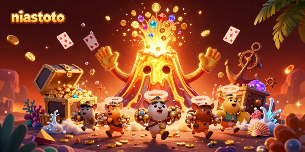Experience niastoto's dynamic treasure eruption scene with coins and gems flowing amid vibrant casino elements.