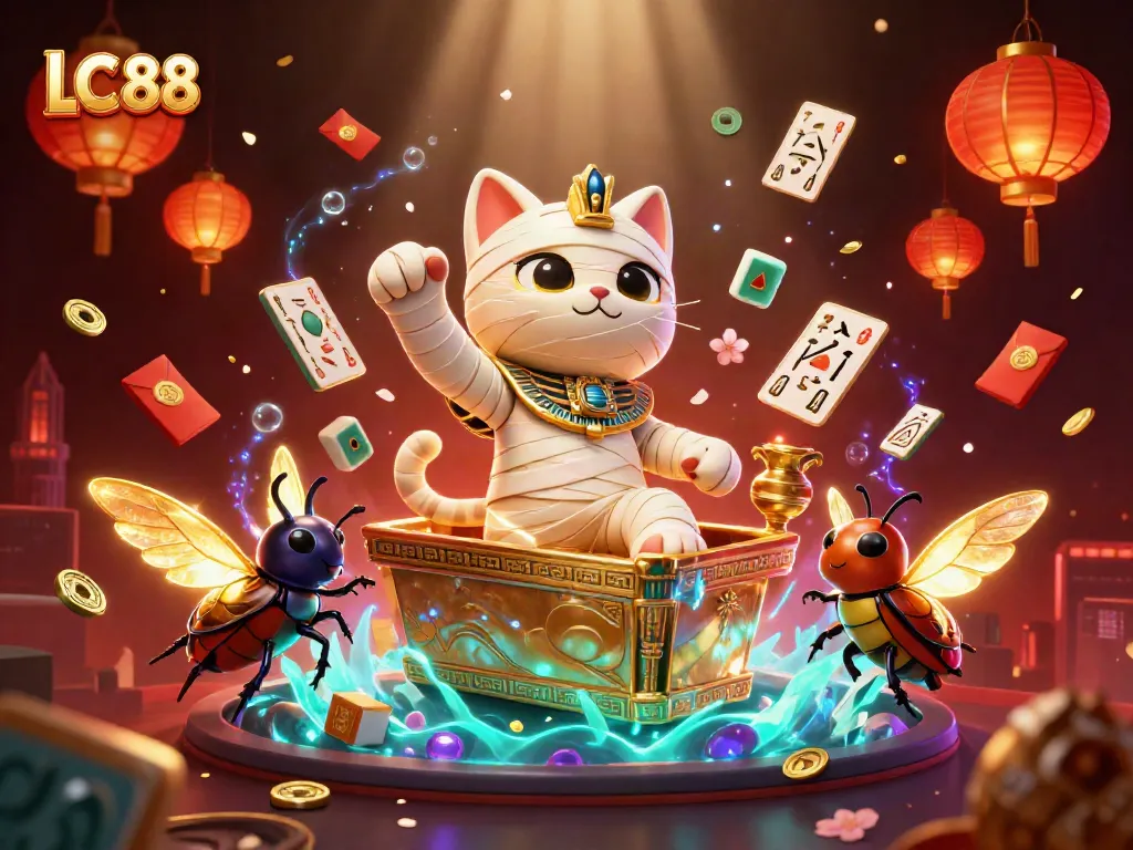 Engaging LC 88 casino scene with a mummy cat and scarab, vibrant gaming elements