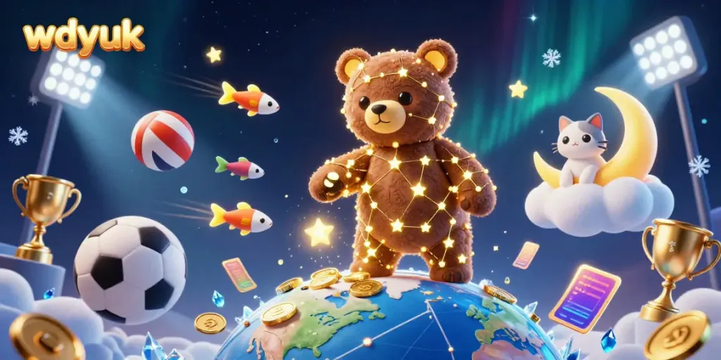 Experience the excitement of wdyuk in a vibrant casino scene filled with stars, coins, and sports elements.