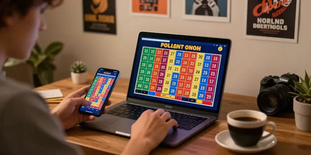 Pengguna terlibat dalam permainan toto togell di laptop, dengan angka lotere berwarna-warni di layar dan smartphone di tangan.