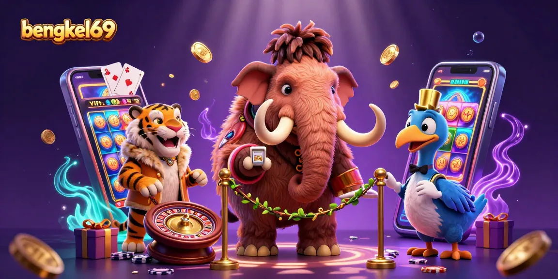 Bengkel69 invites players to enjoy vibrant casino excitement with a mammoth bouncer and VIP tiger.