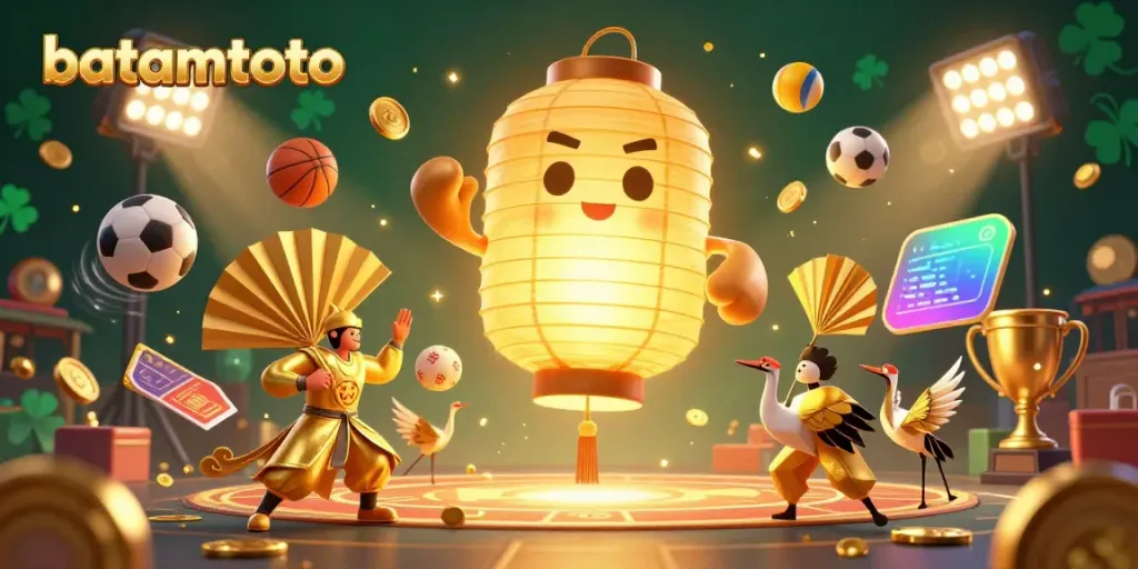 Experience batamtoto excitement with a vibrant casino scene featuring golden lantern spirits and sports elements.