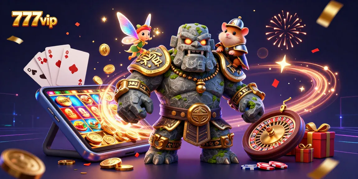 Win big with 777vip as a stone golem guardian and fairy cast winning spells in a vibrant casino world.